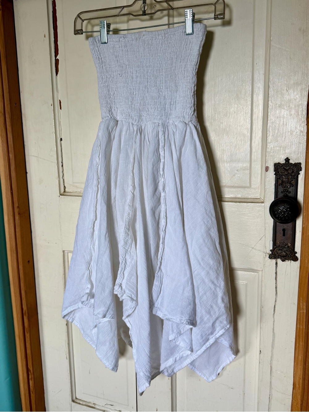 White Strapless Smocked Cotton Handkerchief Hem Dress | Free Size | Boho Cottage